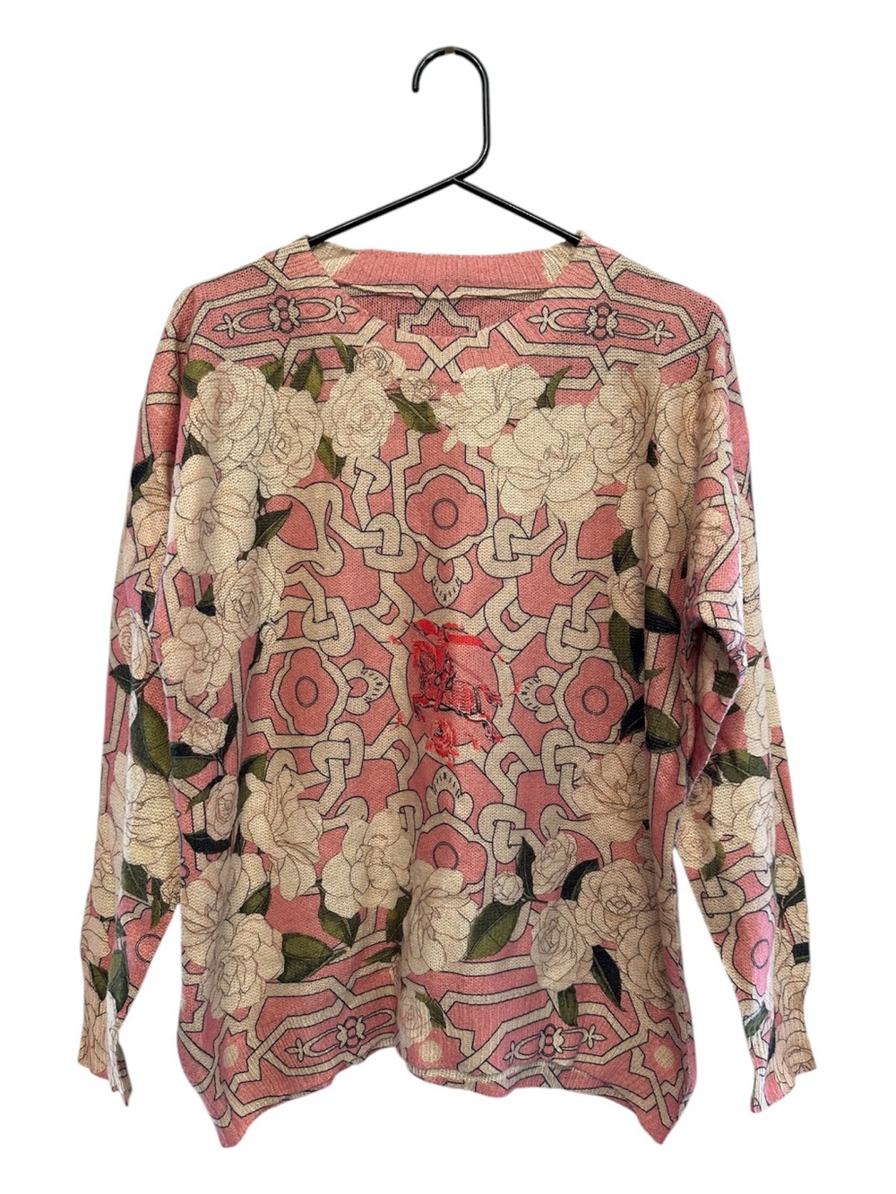 Unbranded Pink & White Floral Crewneck Sweater w/ Rose Knight Detail Medium